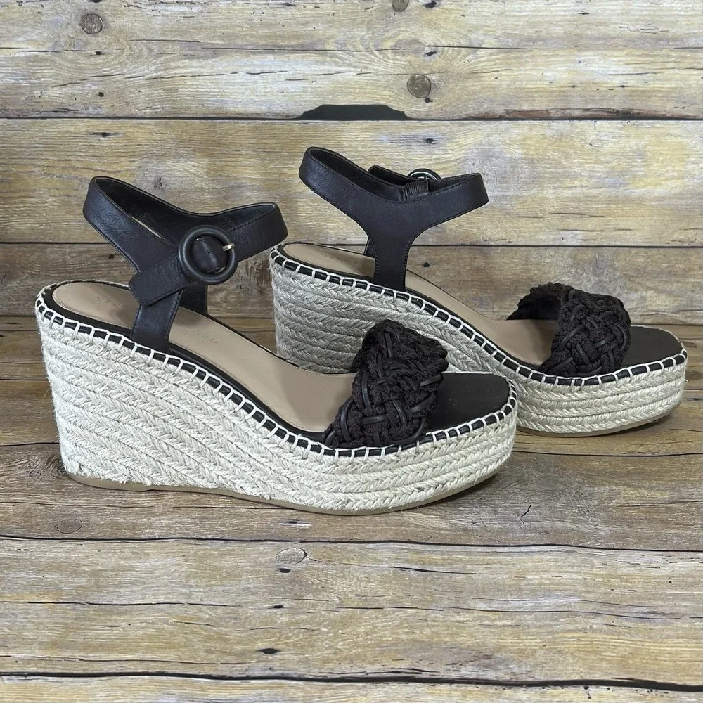 Veronica Beard Black Braided Espadrille Wedge  Leather Ankle Strap Size 10‎